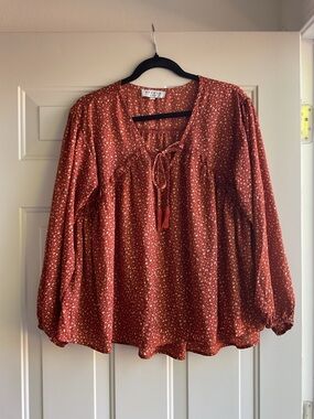 Hayden Rust Red Ditsy Print Peasant Blouse with Tassel Tie